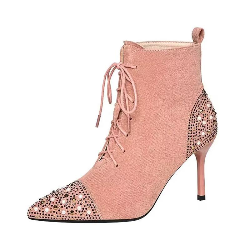 Kryształowe Szpilki Koralikowe Kobiety Botki Do Kostki Zamsz Szpiczasty Nosek Sznurowane Eleganckie Buty Trend 2025 Moda Czółenka Zima Botas De Mujer