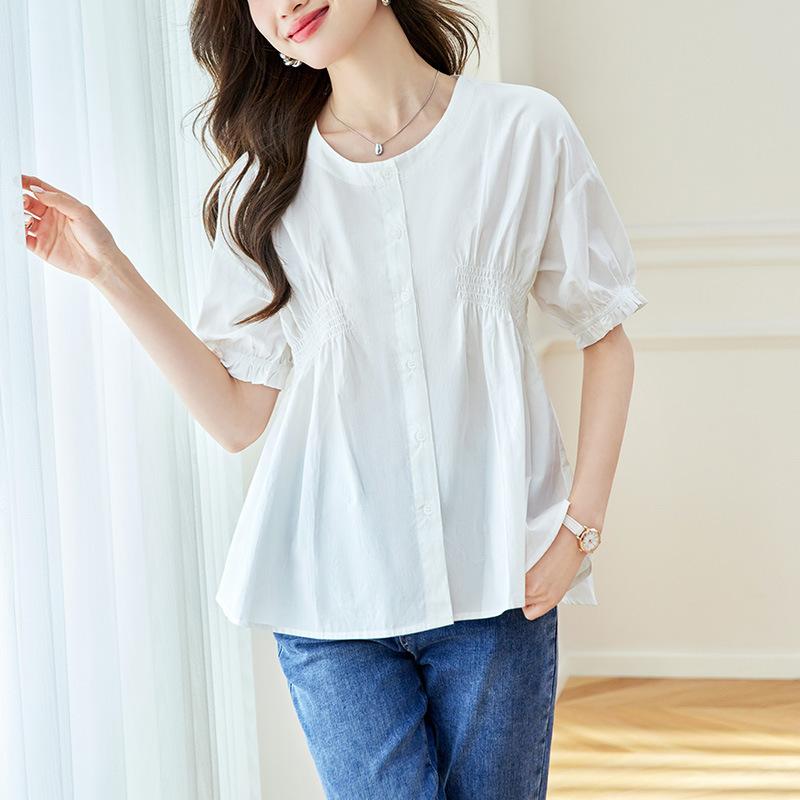 Asymmetric Pleated Short-sleeved Shirt for Summer New Design Niche Loose Round Neck Top
