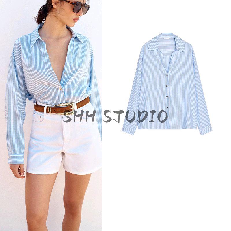 Spring and Summer New Women's Clothing Decorated Row Button Linen Blended Lapel Loose Long Sleeves Stripes Shirt 2886909
