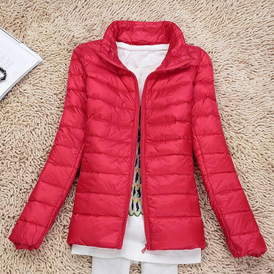 Women's Lightweight Slim Fit Down Jacket - Solid Color, Stand-Up Collar, Plus Size, Short Length