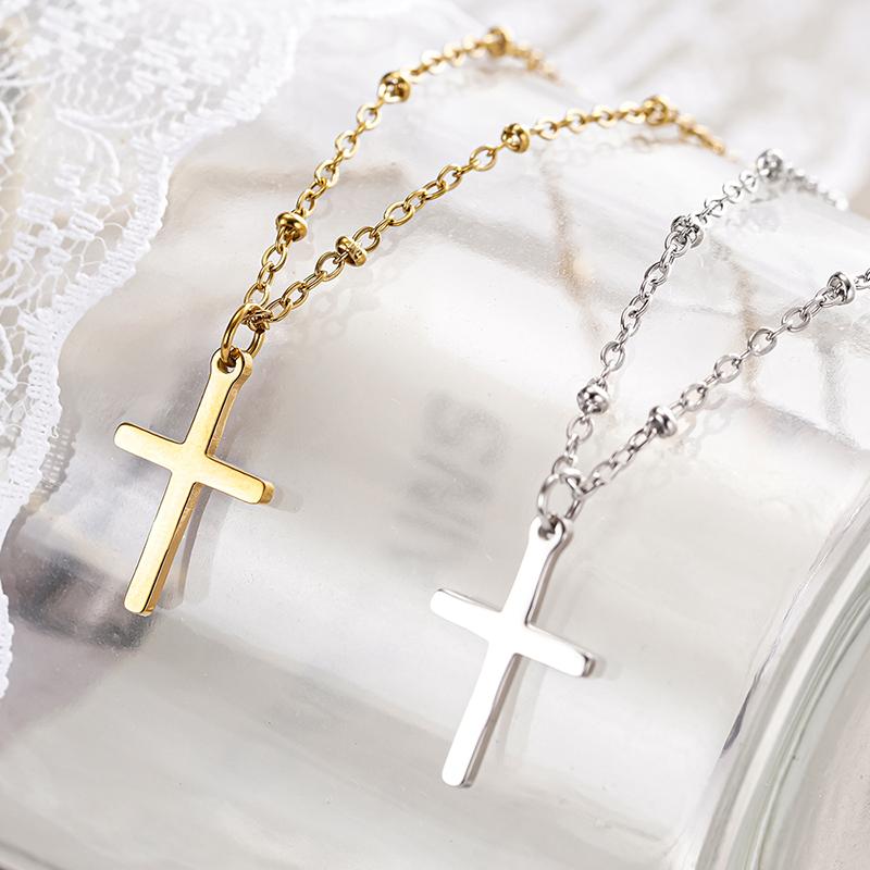 Huitan Simple Cross Pendant Necklace for Women Stainless Steel Party Fashion Daily Versatile Chain with Bead Wedding JewelryGood Product