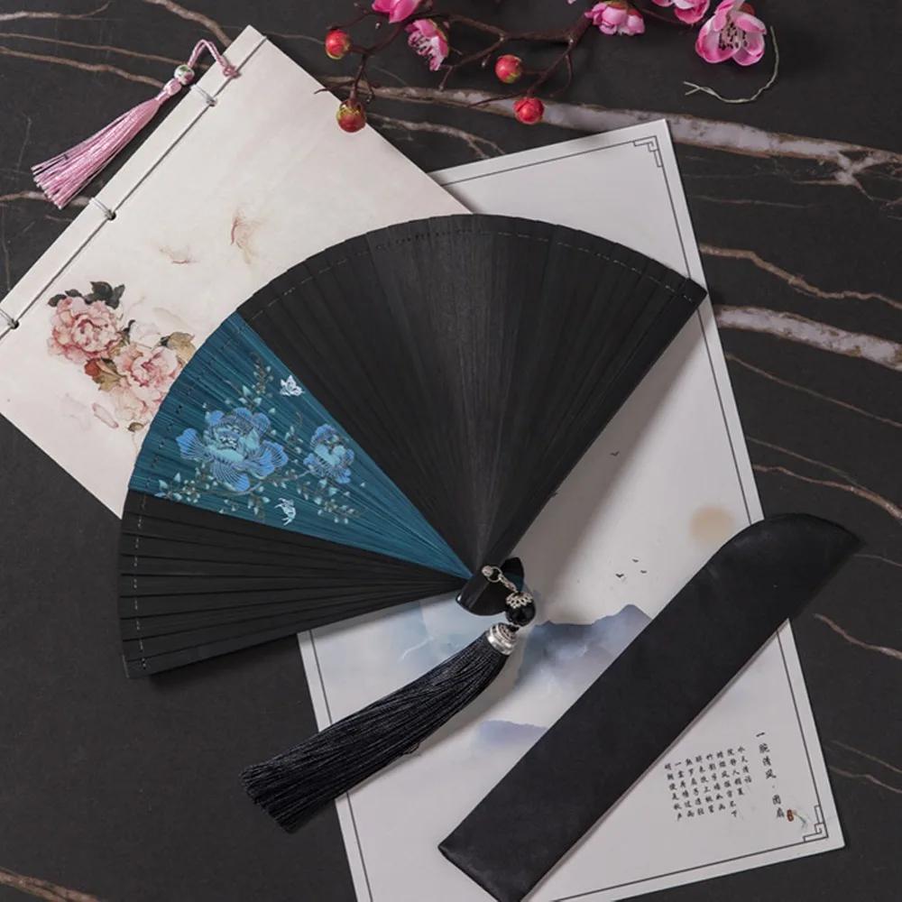 Chinesischer Stil Japanischer Klassischer Faltfächer Antiker Stil Schwarzer Faltfächer für Damen Handgefertigt Exquisite Handfächer