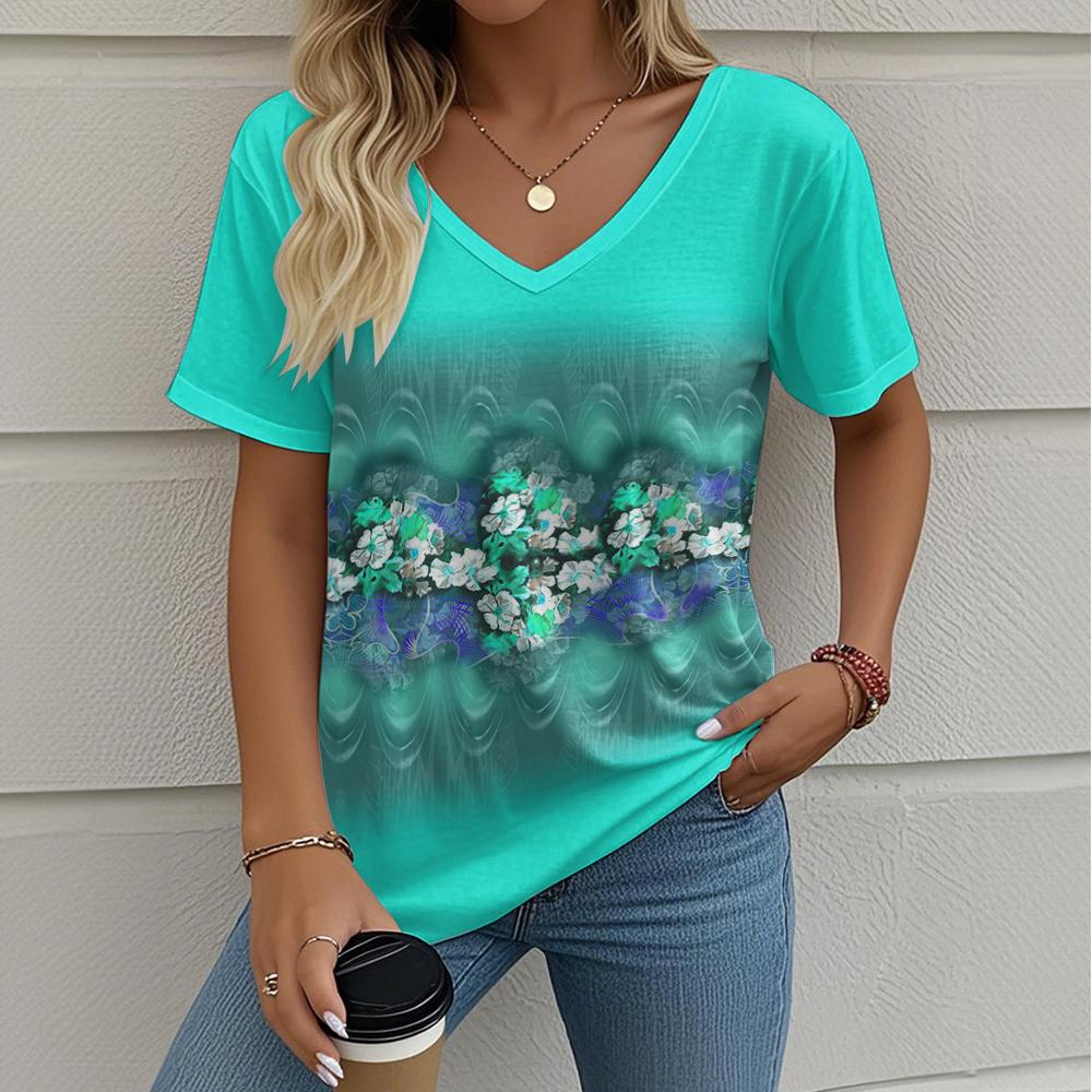 Damska Koszulka Kwiatowy Wzór Outdoor Retro Moda Codzienna Oversize Dekolt V Y2k Krótki Rękaw Letnia Odzież Damska