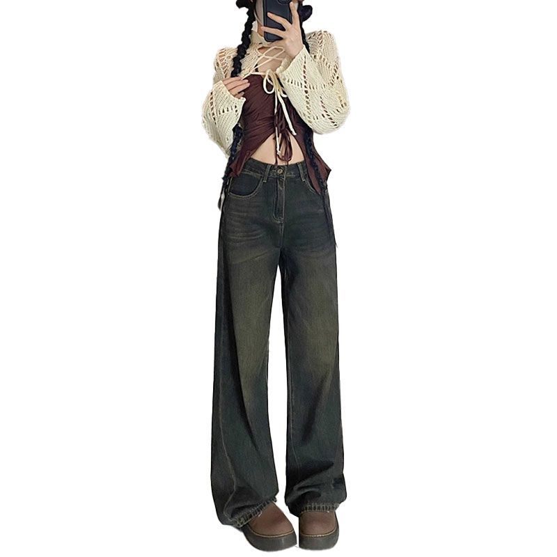 Vintage Wide Leg Jeans Women's Autumn and Winter Large Size Pear-shaped Figure Loose Thin Straight Dragged Trousers Jeans for Women Long Denim Pants