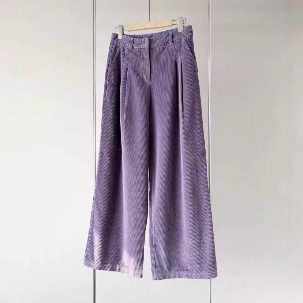 Yang Caiyu Inspired Lavender Corduroy High-Waisted Wide-Leg Pants - Autumn/Winter Retro French Style