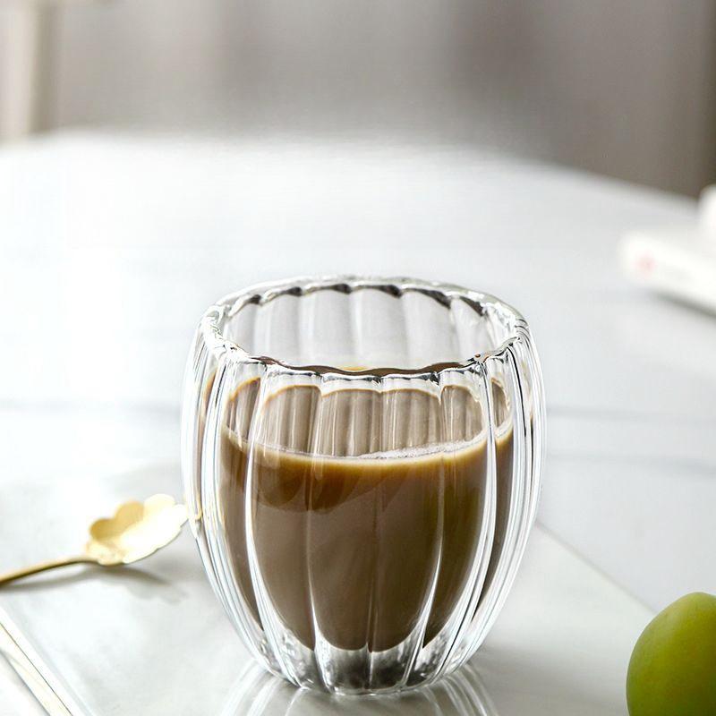 Borosilicate Glass Office Vertical Pattern Double-Layer Cup Thermal Insulation Milk Coffee Glass Household Double-Layer Vertical Pattern Water Cup