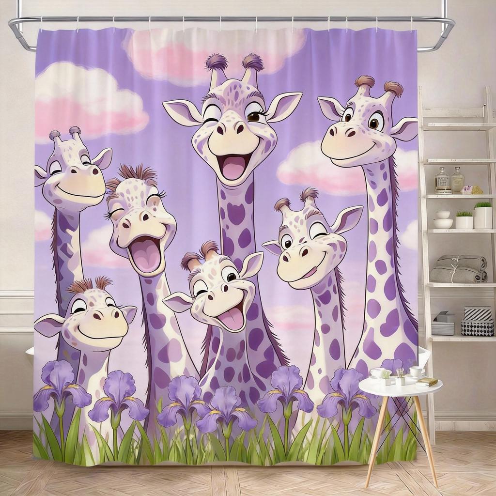 Giraffe Shower Curtain 180x180cm – Cartoon Orange Giraffes On Blue Sky Green Grass, Kids Bathroom Decor, 12 Hooks