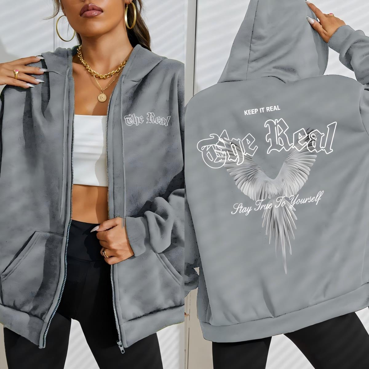 

Keep It The Real Wings Creative Printing Zipper Hoodie Women Autumn Loose Hoody Casual Fleece Sportswear Clothing 3XL