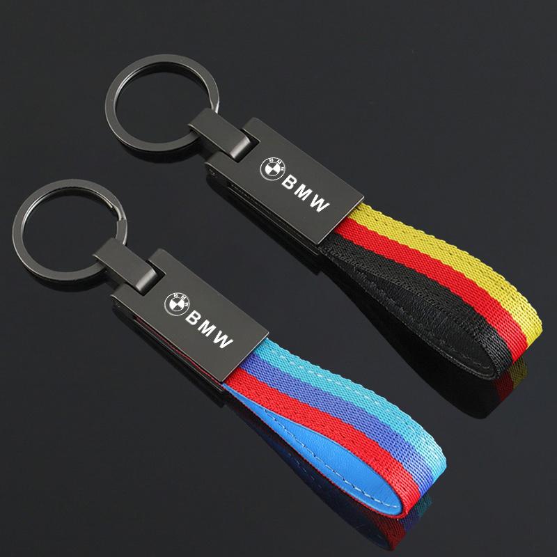 OMPC8 Zinc Alloy Keyring Nylon Tricolor Woven Belt Car Keychain For BMW 50th Anniversary 1 3 5 7 series E83 F16 E70 BMW M M3 M5 X1 X2