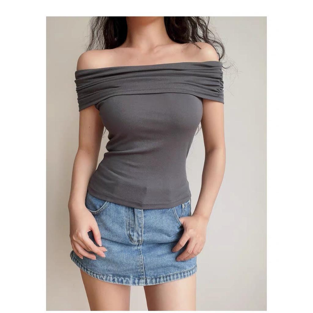 Ins Off-the-shoulder Sexy Hottie Pure Desire One-word Collar Short-sleeved T-shirt for Women's Summer Slim-fitting and Thin Bottoming Top for Women