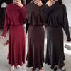 European and American Women's Clothing New Fashion Temperament Satin Wrinkled Cloth Long Sleeves Thin Dress Long Dress