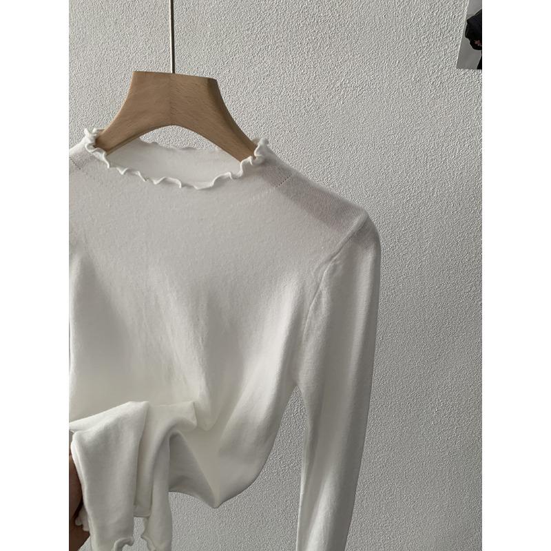 

Весна Осень Рюши Воротник-стойка Однотонная Футболка с пуговицами Женская С длинным рукавом На каждый день Пуловер Футболка Топ onesize белый