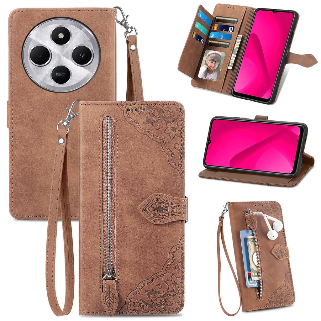 Zipper Wallet Case For Xiaomi Redmi 14C 4G/14R 5G/Poco C75 4G Flower Imprint PU Leather Phone Cover with Strap