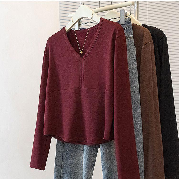 Plus Size Women's Double-Sided Velvet V-Neck Top: Autumn/Winter, Long Sleeve, Loose & Slimming Design, Hides Flaws