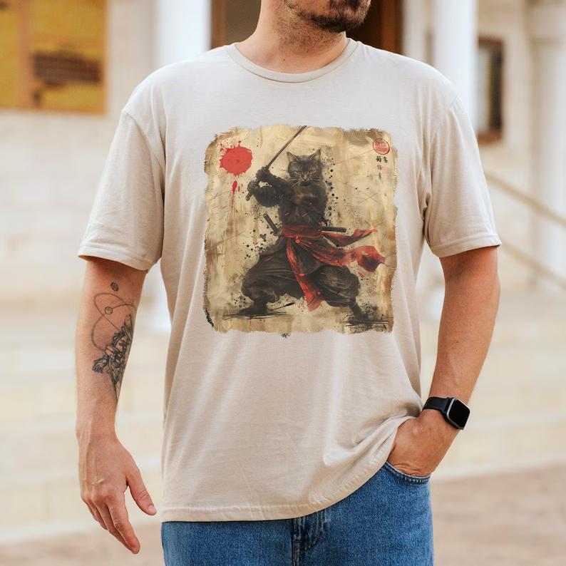 Vintage Samurai Cat Battle TShirt Black Tee with Retro WornIn Print Warrior Pose  Red Ink Eastern Martial Arts Vibe Creative S