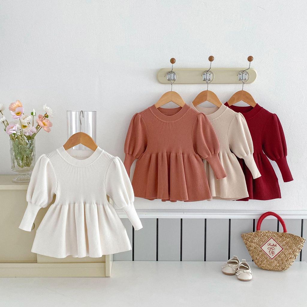 Korean-Style Puff Sleeve Sweater for Girls, 0-5 Years, Autumn Fashion, Knitted Top AY636