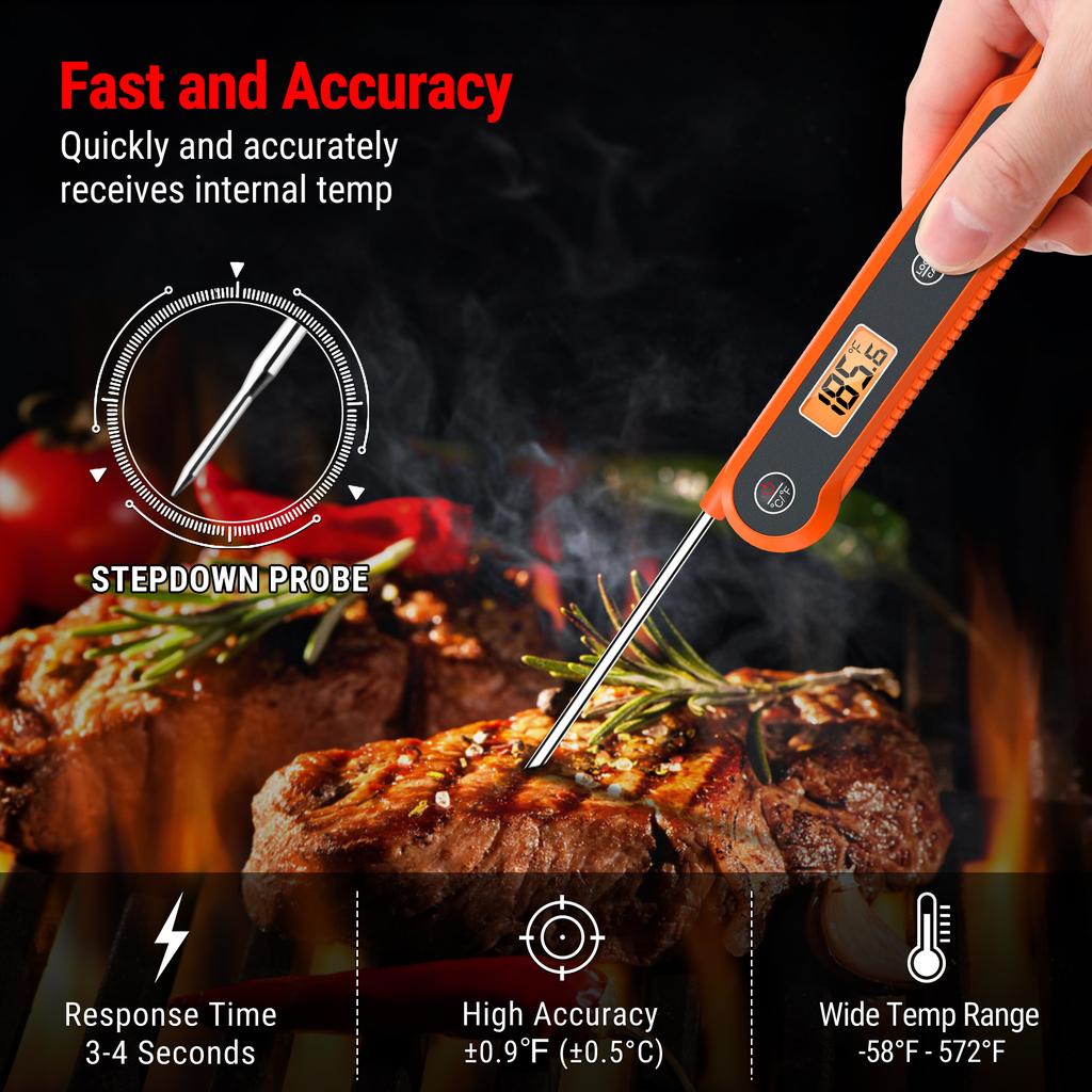 Digital Backlit Instant Read Meat Thermometer for BBQ Cooking, Waterproof Kitchen Thermometer with Lock Function