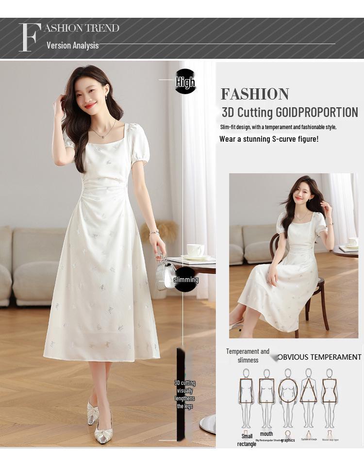 Elegant French White Summer Dress - Designer Style, Slim Fit, Long Skirt