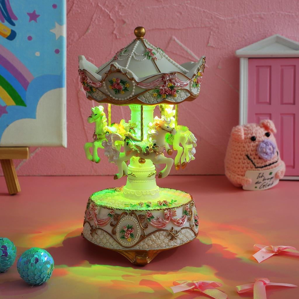 Carousel Music Box for Mechanical Windup Rotating Base Vintage Style Carved Horse Soft Melody Colorful Lights