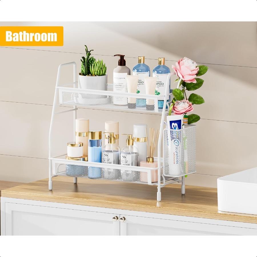 Bathroom Counter Organizer Bathroom Organizer Countertop with Side Basket Kitchen Countertop Organizer Metal Spice Rack Organiz