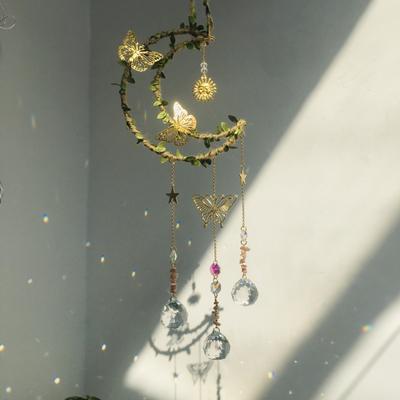 Handmade Crystal and Plastic Wind Chime Accessories Big Moon Design Leaf Decor Hemp Rope Tied for Garden Decoration Crystal