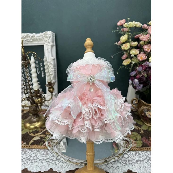 Luxury Handmade Pink Lolita Princess Dresses For Small Medium Dog Poodle Chihuahua Fashion Cute Crystal Bow Skirts Pet Clothes