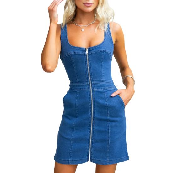 Women's Sleeveless Denim Dress Zipper Front Mini Jean Dress Summer Casual Tank Denim Dress with Pockets