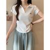 Waist Polo Collar V-neck Front Shoulder Short-sleeved T-shirt Women's Summer New Slim and Thin Short Solid Color Top Trendy