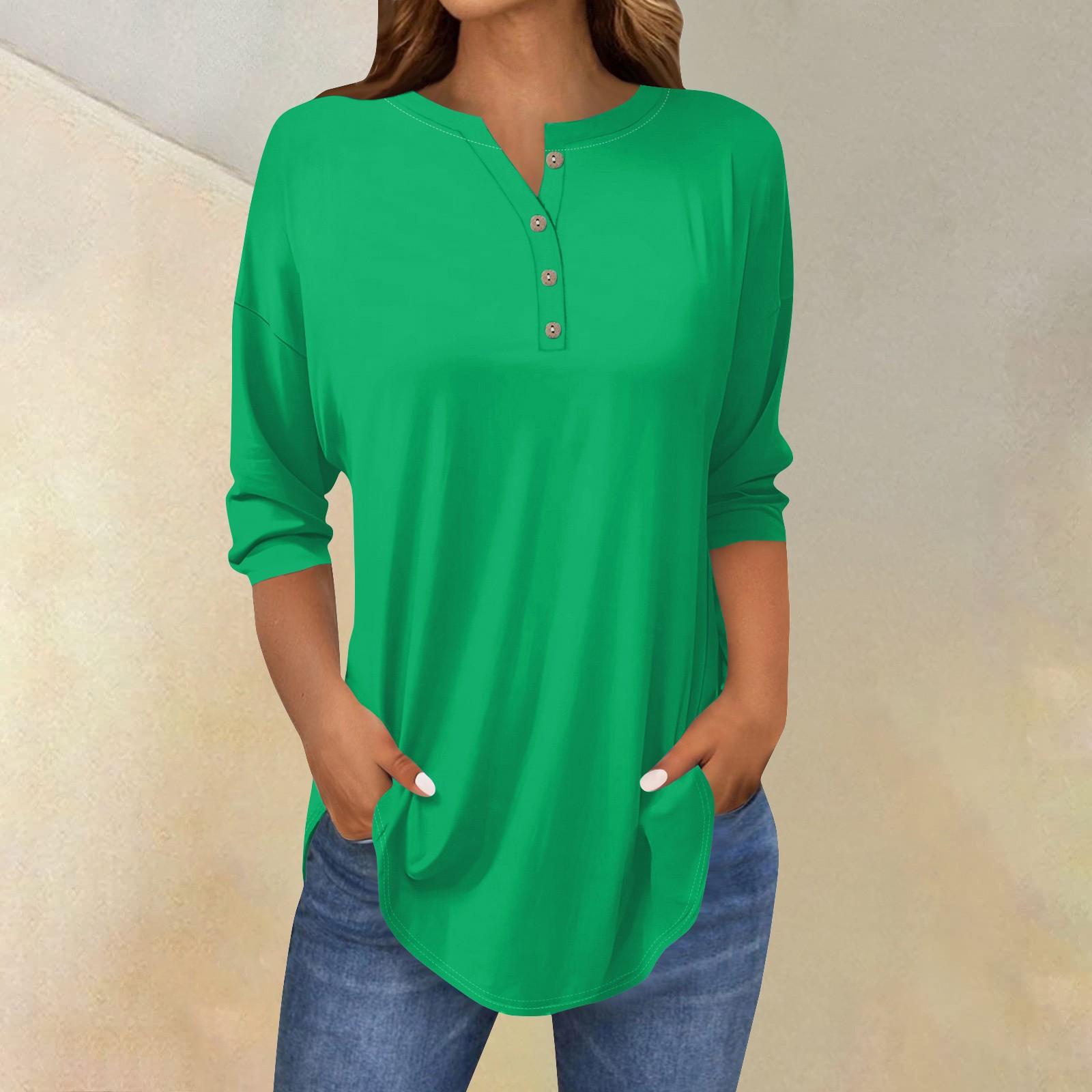 

Футболки женские осенние повседневные рубашки с длинным рукавом 3/4 на пуговицах толстовка винтажный топ пуловер M зелёный