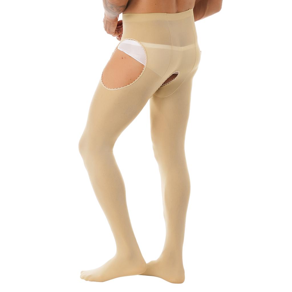 Men's Lace Trimming Pantyhose Open Crotch Long Pants Tights Leggings