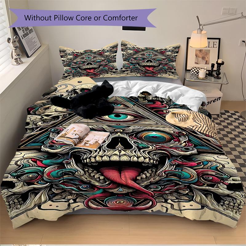 3pcs Anime Skulls & Pyramids Comforter Set with One Quilt Cover and Two Pillowcases (No Core) - Home Decor, Festival Gift, Polyester Fabric, Bedroom a