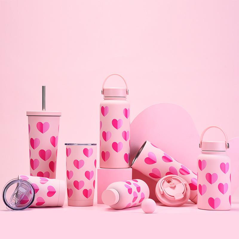 Edelstahl Thermobecher mit Strohhalm, Milchteebecher, Kaffeebecher, Valentinstagsset, Tragbarer Griff Sportwasserbecher