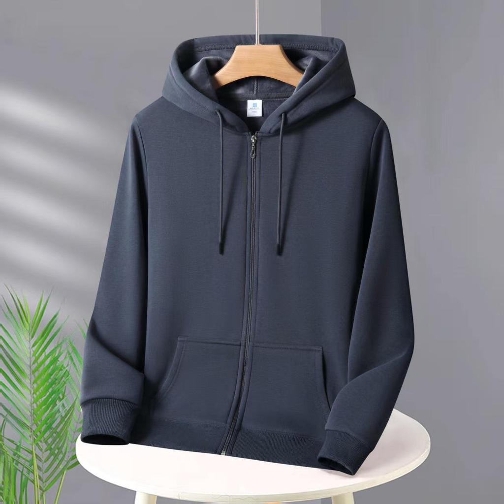Unisex Heavyweight Cotton Zip-Up Hoodie Cardigan - Solid Color, Autumn/Winter Style.