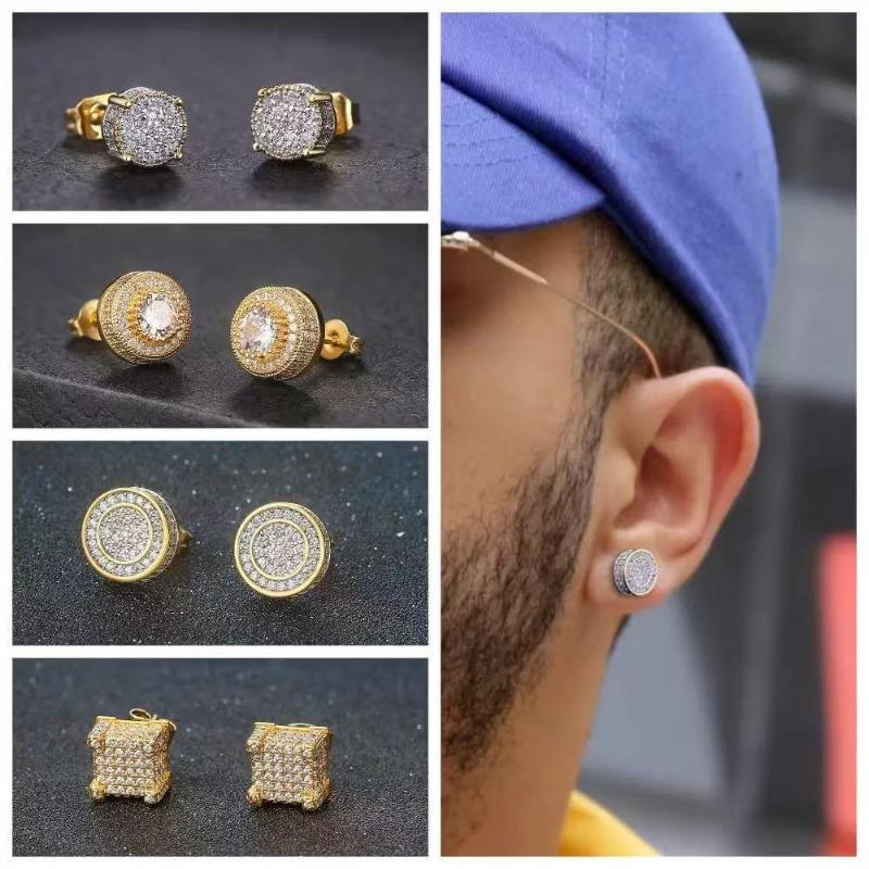 Round Full Zircon Stud Earrings Punk Hip Hop Fashion Jewelry For Men And Women