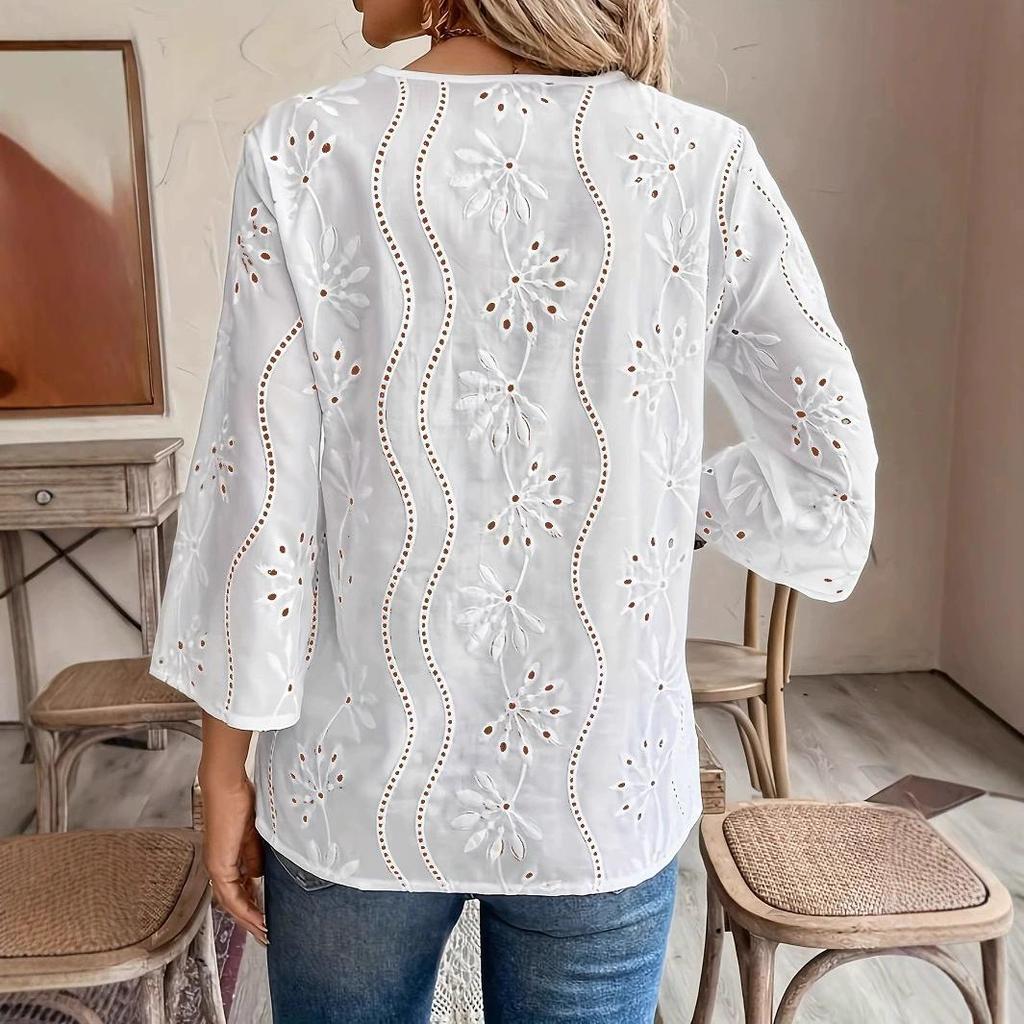 Spring and Autumn New Loose V-neck Embroidered Flared Sleeve Lace Top Chiffon Shirt