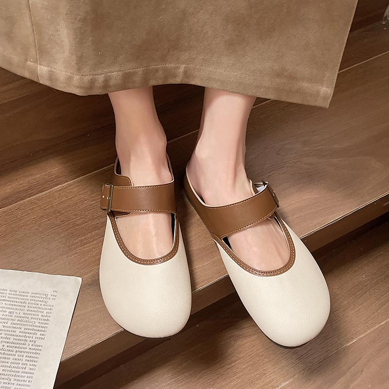 Women's Baotou Slippers Spring New Round Head Shallow Mouth Metal Buckle Soft Sole Anti-slip Wear-resistant Flat Shoes