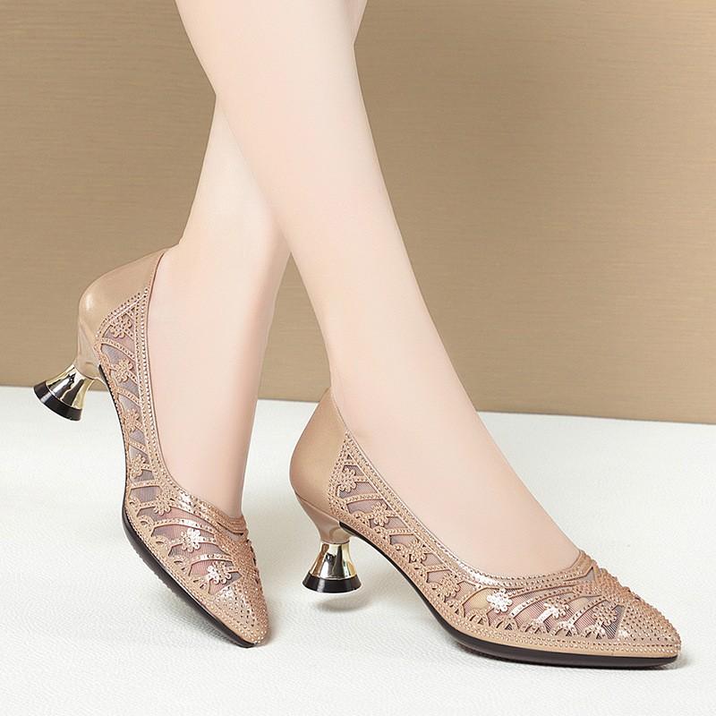 5cm All Match Comfortable Breathable Rhinestone Mesh Leather Shoes Women Pumps 2025 Spring Summer Med Kitten Heels Shoes Office