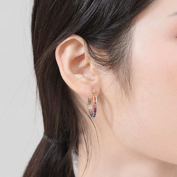 Fashion Rainbow Jewelry Custom CZ 925 Sterling Silver Rhodium Plated Rainbow Color Cubic Zirconia Hoop Huggie Earrings for Women