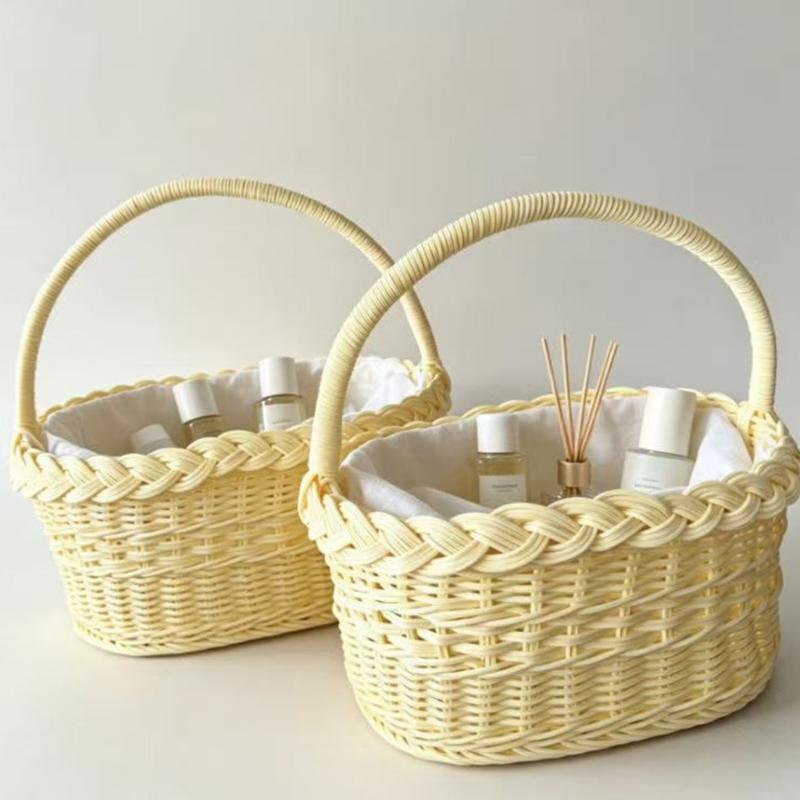 Faux Wicker Basket with Handle, Plastic Fruit Display Basket for Countertop Display, Home Storage, and Carry Use