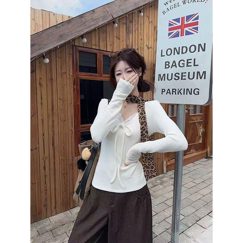 Korean Style Women's Long Sleeve Lace-Up Bow Tie Slim Fit T-Shirt - Autumn New Arrival