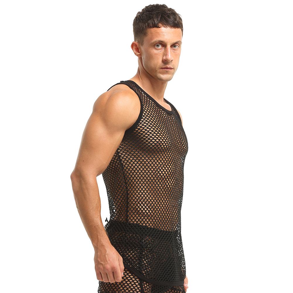 Men's Crew Neck Fishnet Tank Top - Breathable, Loose, Casual, Plus Size, European & American Style.