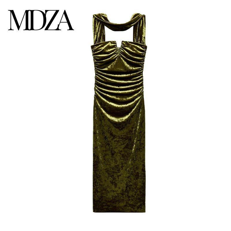 

Za Fall and Winter New Women s Clothing Fashion Style Tube Top Velvet Hanging Collar Sleeveless Long Dress 9857071 Green L
