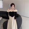 Off-Shoulder Color-Block Camisole Dress: Women's Autumn French Slim Fit, Waist-Cinching Long Dress