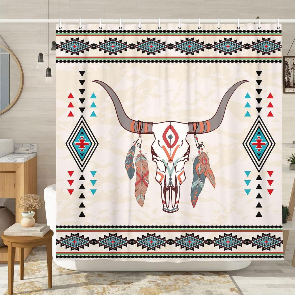 Western Boho Shower Curtain Bull Skull Aztec Native American Tribal Southwestern Shower Curtains Set Cattle Feathers Geometry