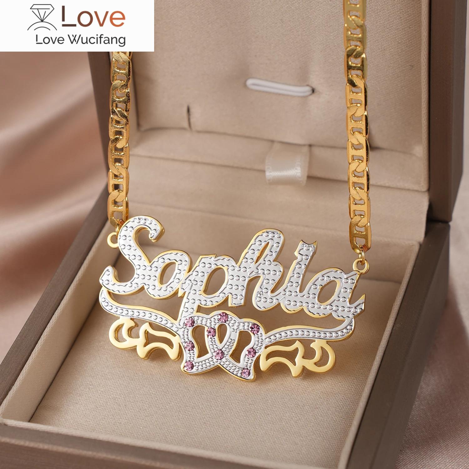 

Dascusto персонализированное именное ожерелье с табличкой на заказ 3d 18 кг позолоченный двойной бриллиантовый чокер подвеска двухцветная цепочка для женщин 40cm