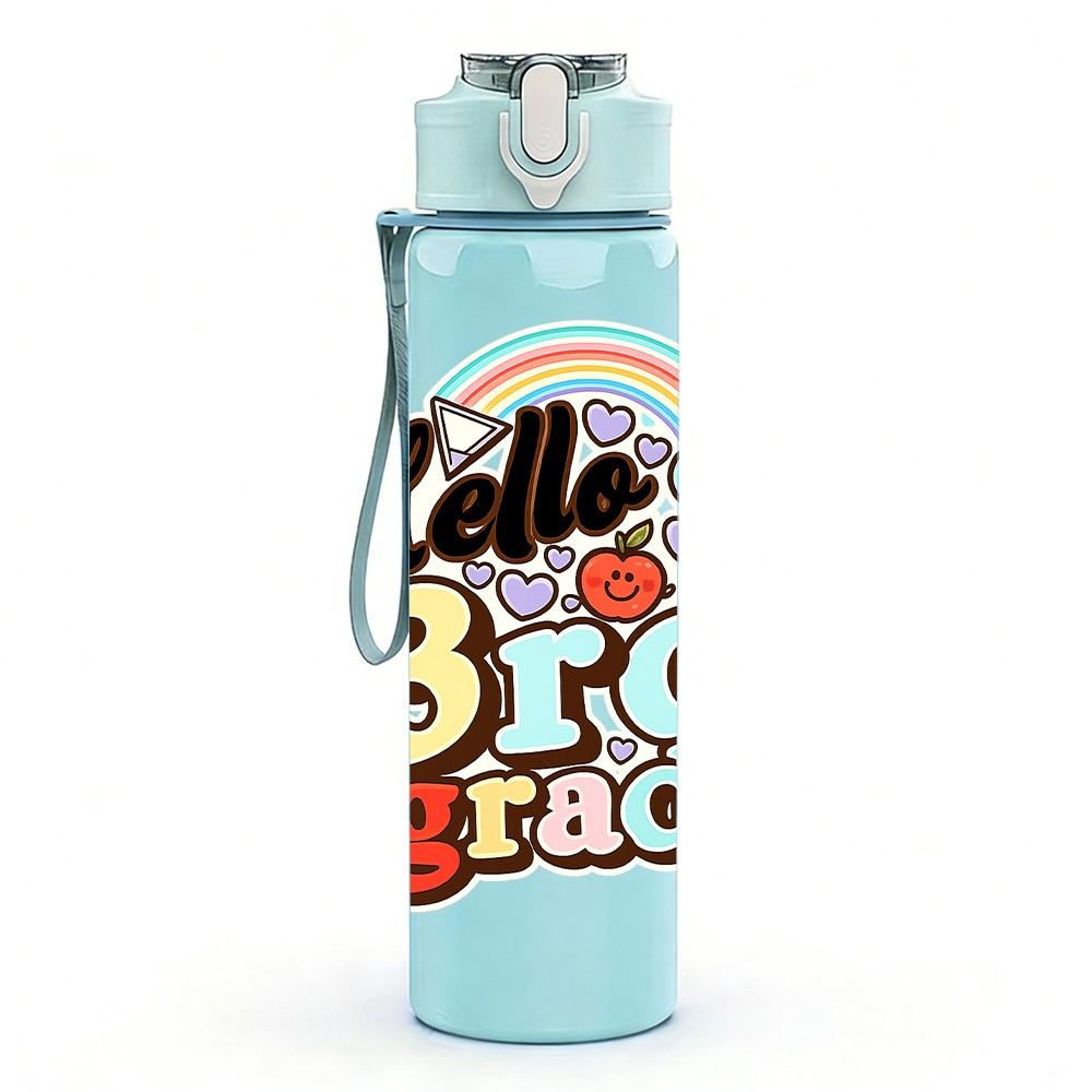 1PC Hello Third Grade Rainbow Art 750ml Color Plastic Sports Water Bottle Leakproof Flip Straw Lid Suitable for Sports Office Home Use