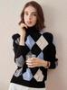 Women's Retro High Collar Wool Sweater with Diamond Plaid Knit Jacquard