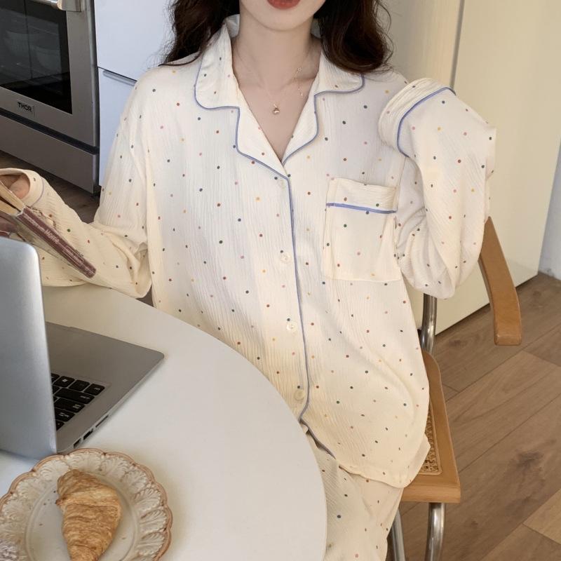 Women's 2024 Spring Polka Dot Pajama Set - Long Sleeve Cardigan and Pants In Casual Wrinkled Fabric