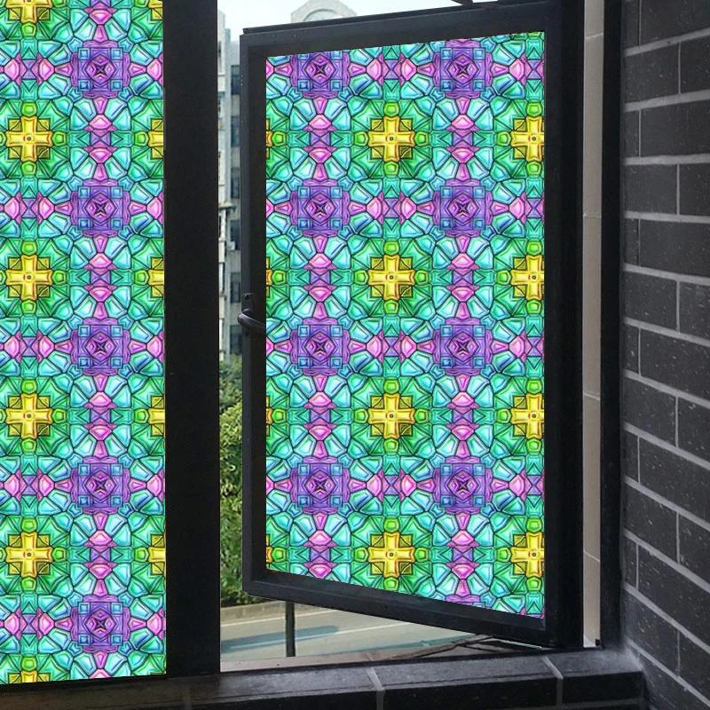 Translucent Self-Adhesive Stained Window Sticker Retro Geometric Pattern Glass Film Home Bathroom Decor Art Privacy Film