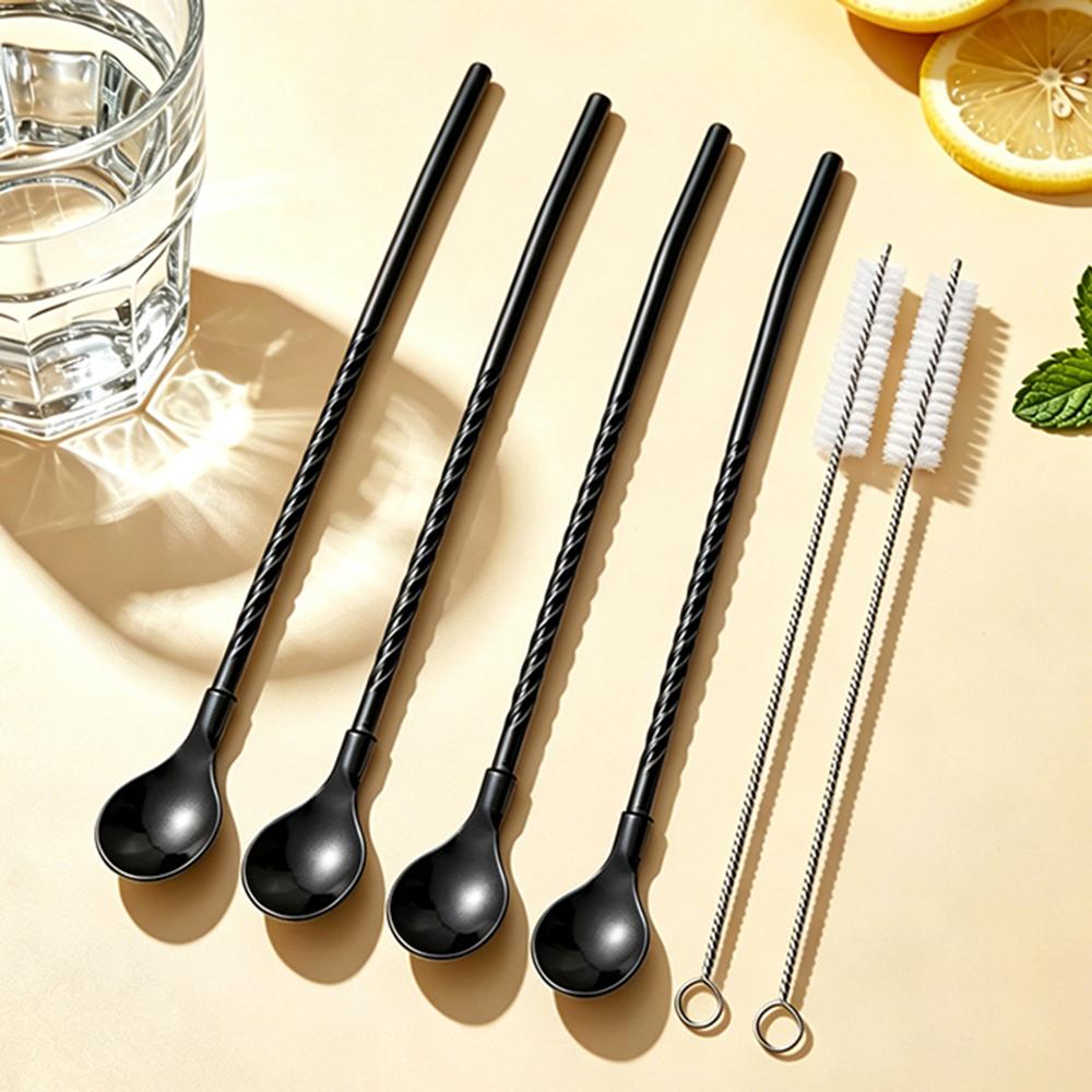 6Pcs Reusable Stainless Steel Spoon Straws, Long Handle Drinking Spoon Straws for Ice Cream Sundaes, Coffee, Cold Drink, Iced Tea